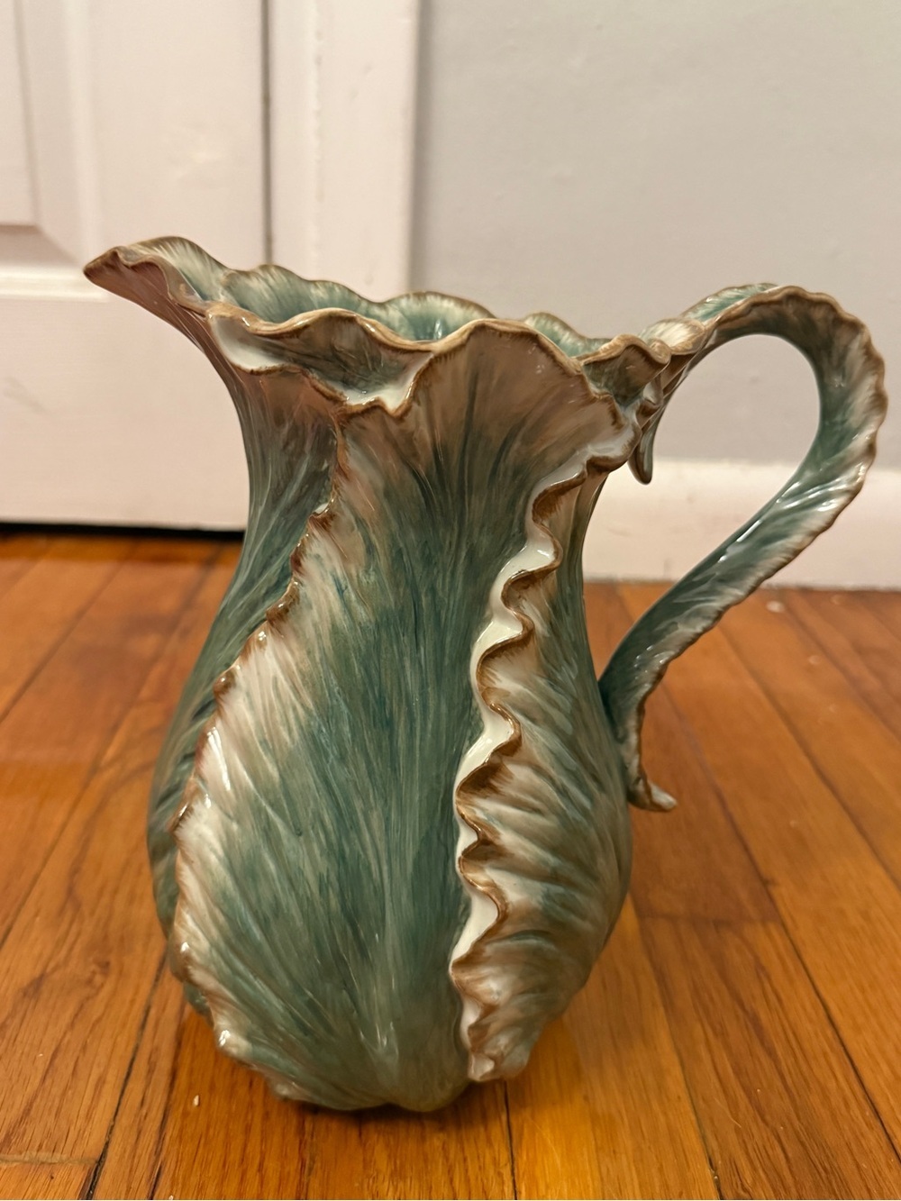 Vintage Fitz & Floyd Classics Cabbage Leaf Pitcher Green Majolica Style Vase
